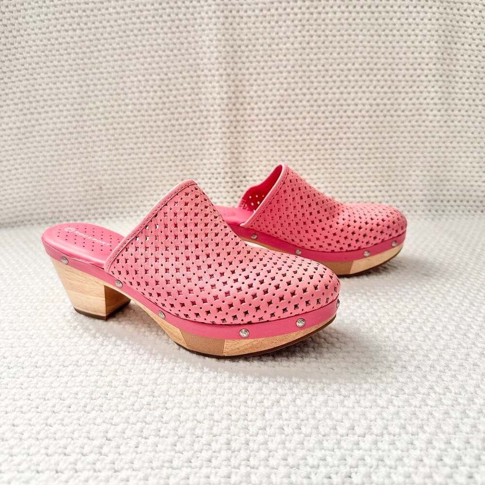 Rockport Pink Adiprene Adidas Perforated Studded Open Back Wood Clogs 6.5 NWOB